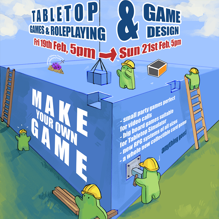 Our Build Your Own Board Game poster, featuring meeples building a playable new game.